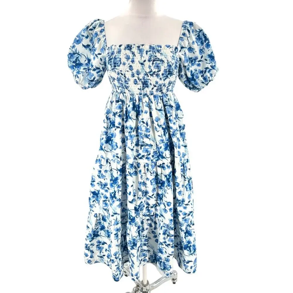 Abercrombie & Fitch smocked bodice midi poplin dress blue white floral toile XSP